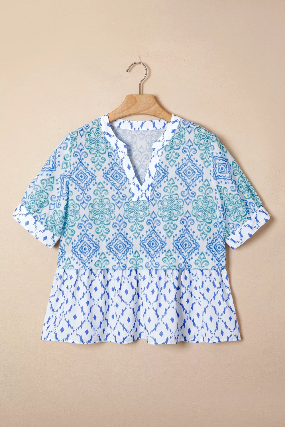 Floral Geometric Patchwork Short Puff Sleeve Babydoll Blouse, image 3