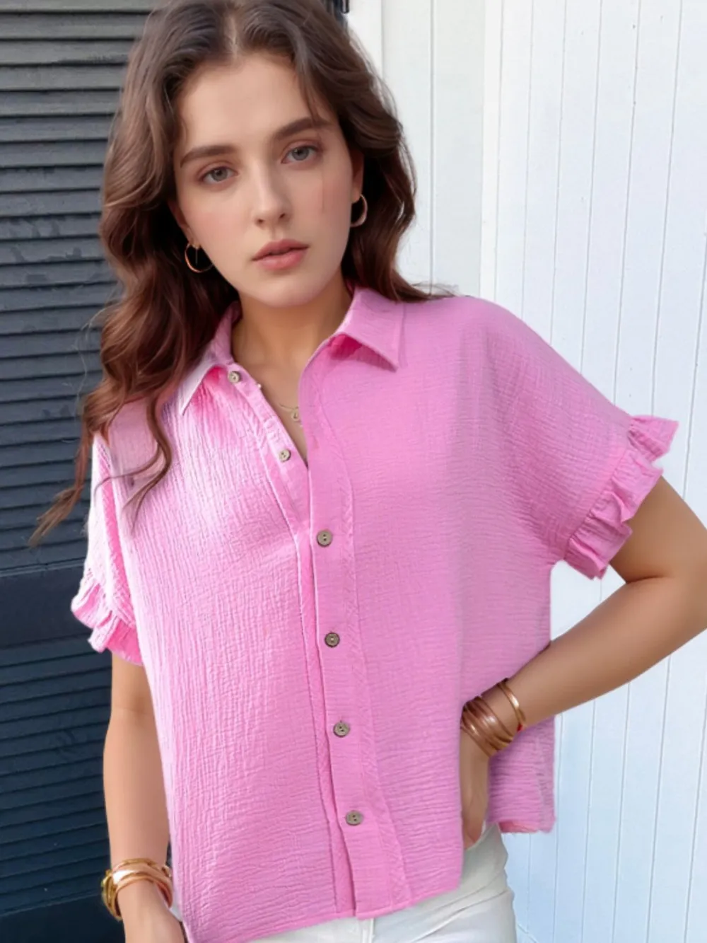 Frill Collared Neck Short Sleeve Shirt, image 3