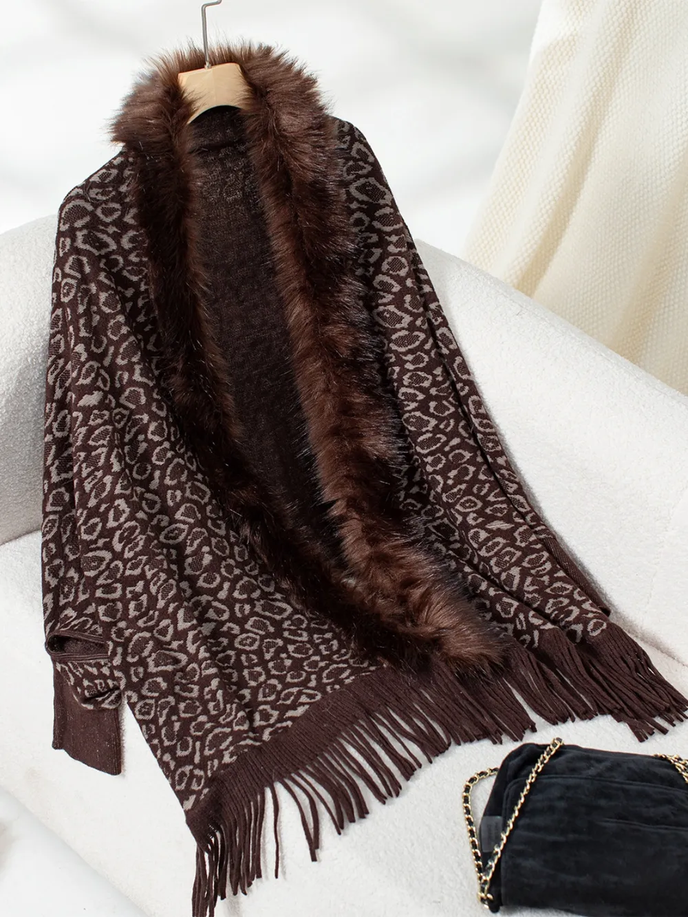 Fringe Leopard Open Front Long Sleeve Poncho, image 5
