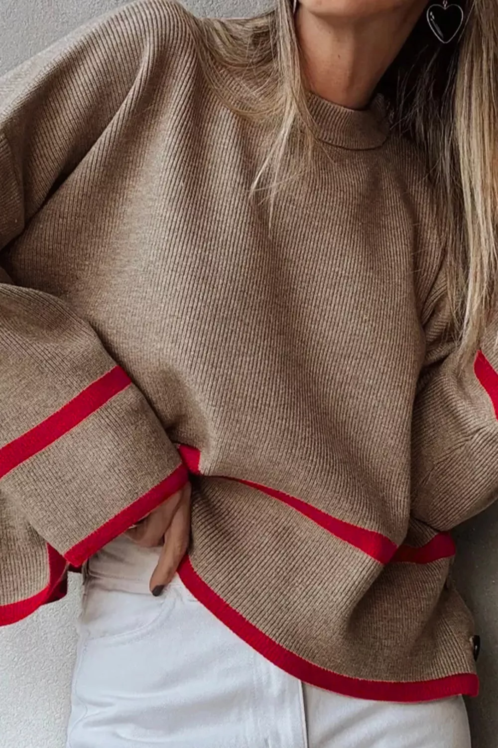 Ribbed Knit Pullover with Contrast Trim, image 4