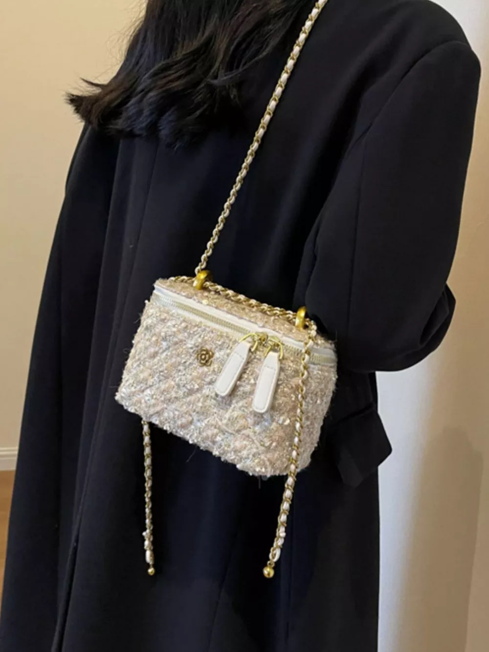 Tweed Crossbody Bag with Chain Strap, image 6