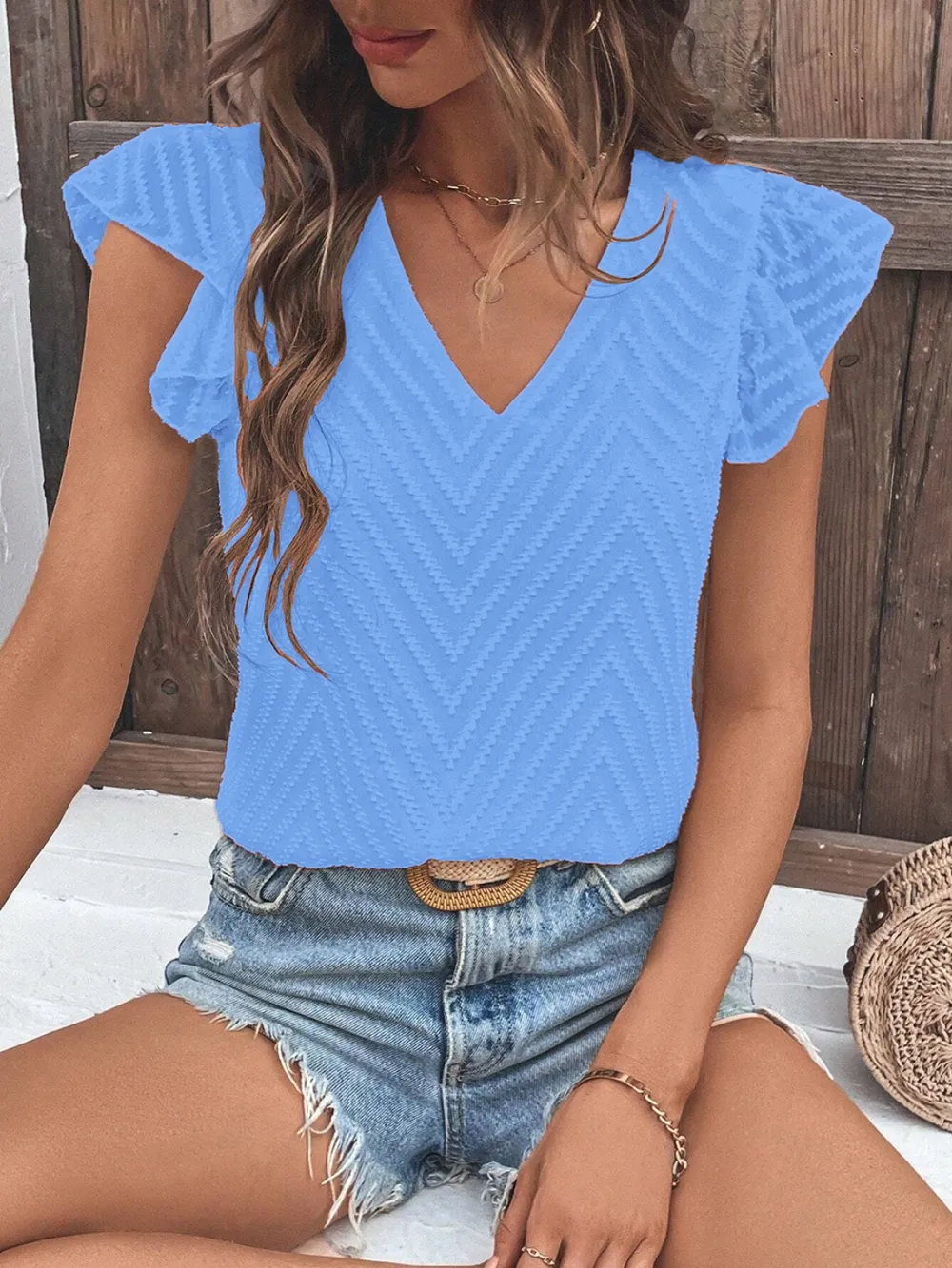Textured V-Neck Cap Sleeve Blouse, image 14