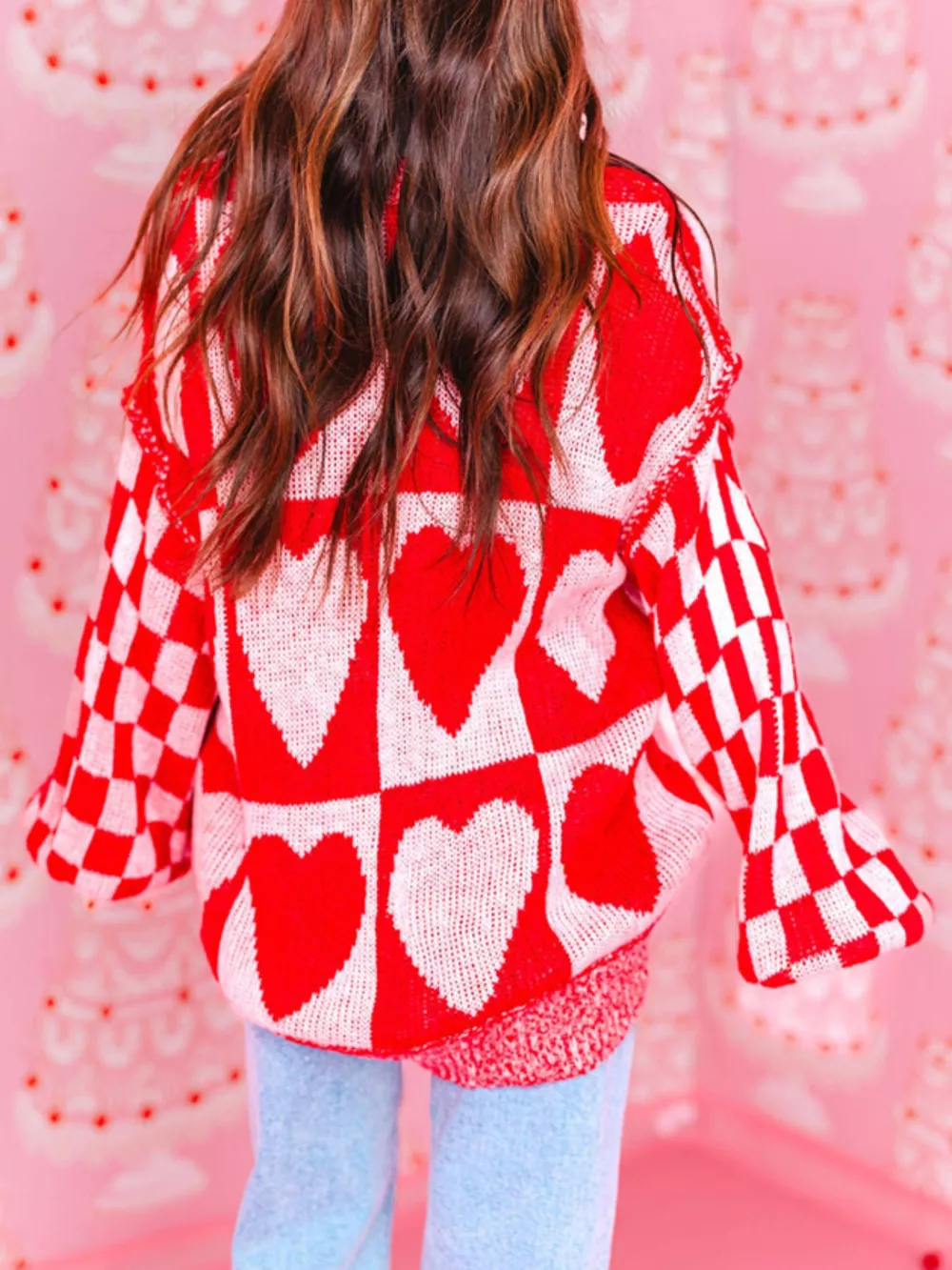Heart Pattern Checkerboard Knit Sweater, image 5