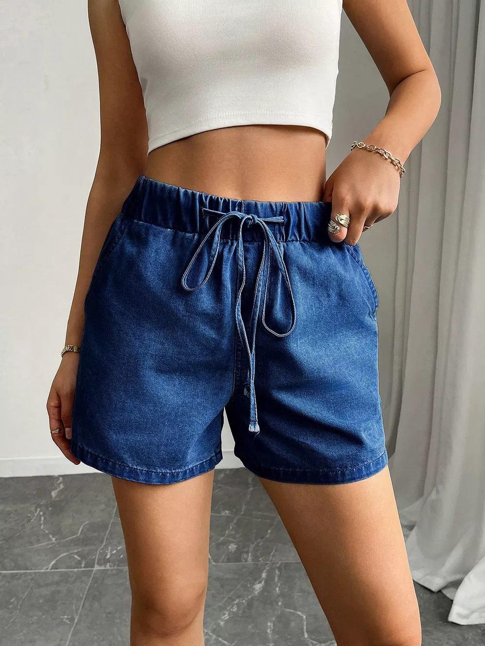 Drawstring High Waist Denim Shorts, image 7