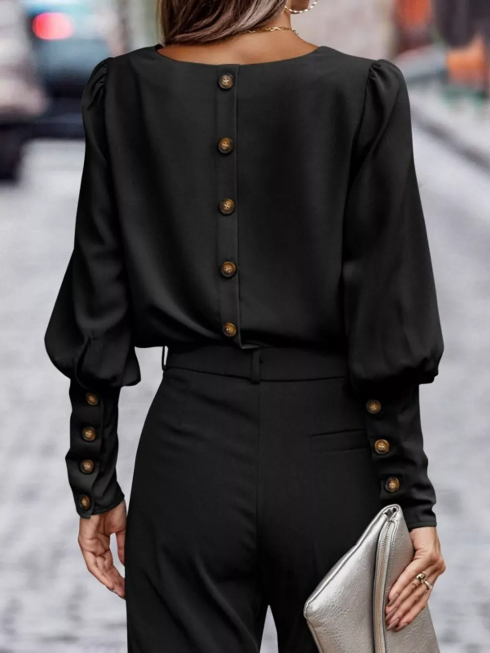 Back Button Lantern Sleeve Blouse, image 6