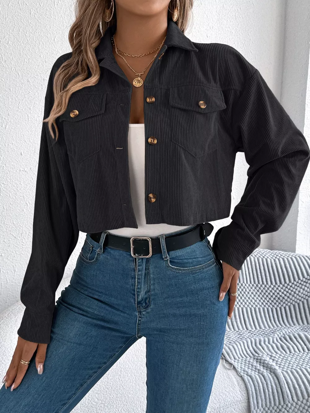 Corduroy Button-Up Dropped Shoulder Jacket, image 5