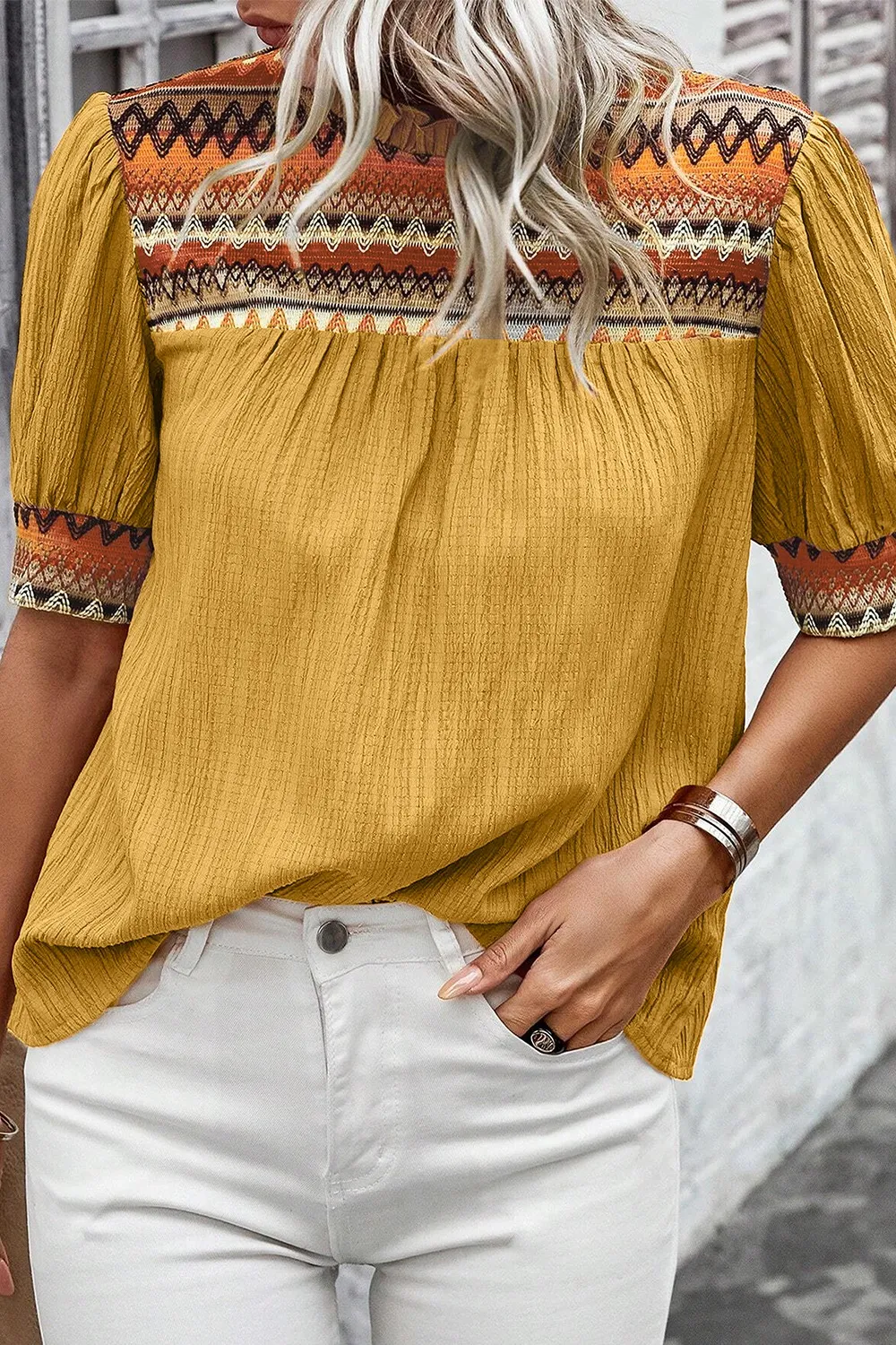 Geometric Frill Mock Neck Short Sleeve Blouse