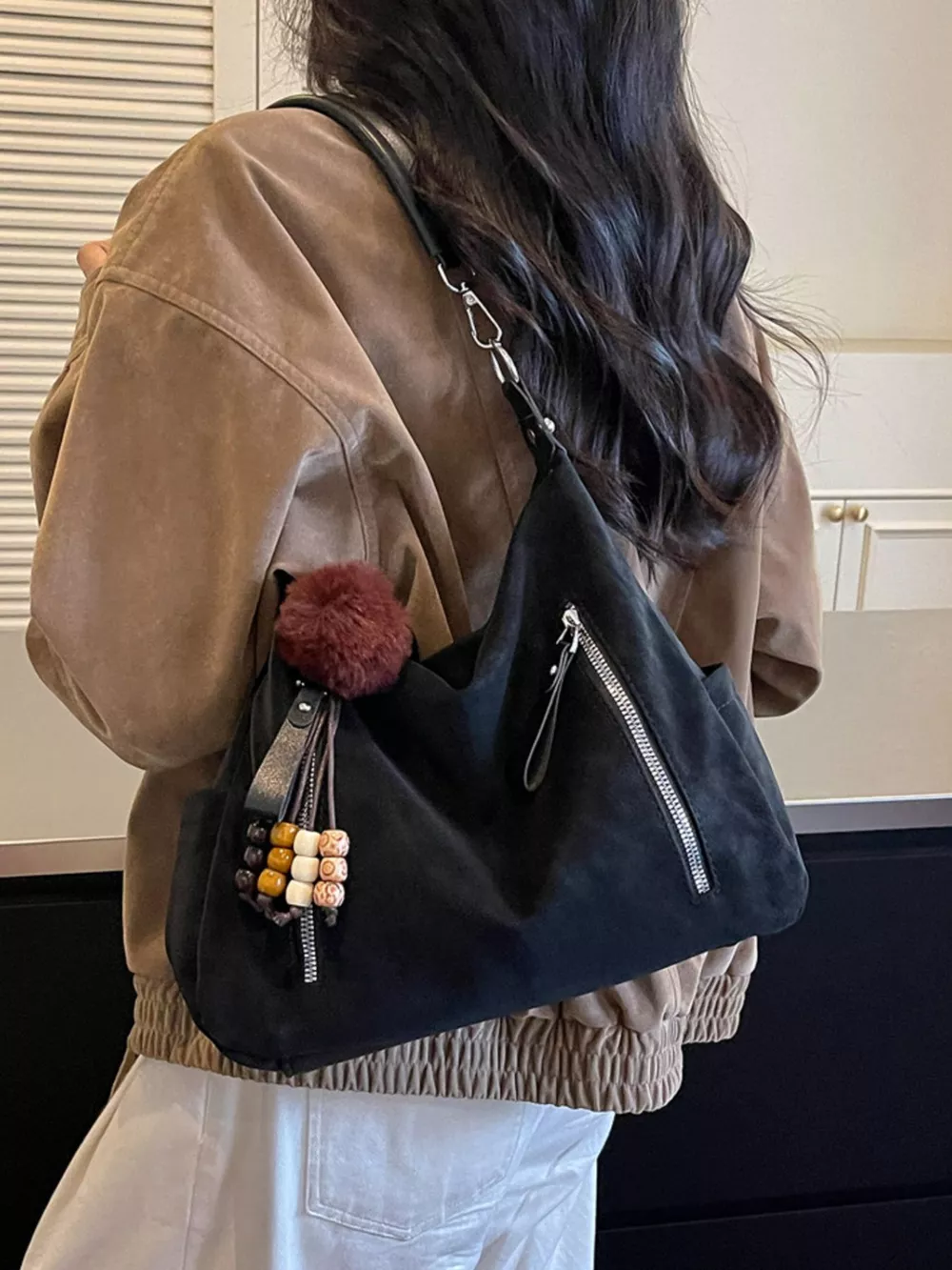 Decorative Pom-Pom and Bead Charm Shoulder Bag, image 8