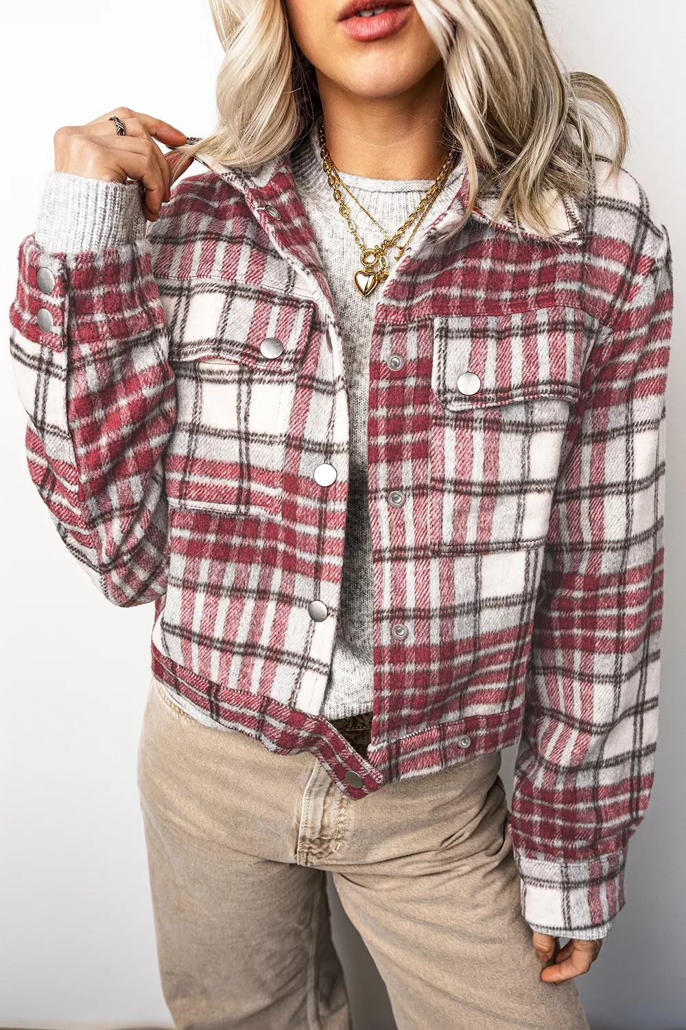 Plaid Flannel Metal Button Collar Long Sleeve Vintage Shift Jacket