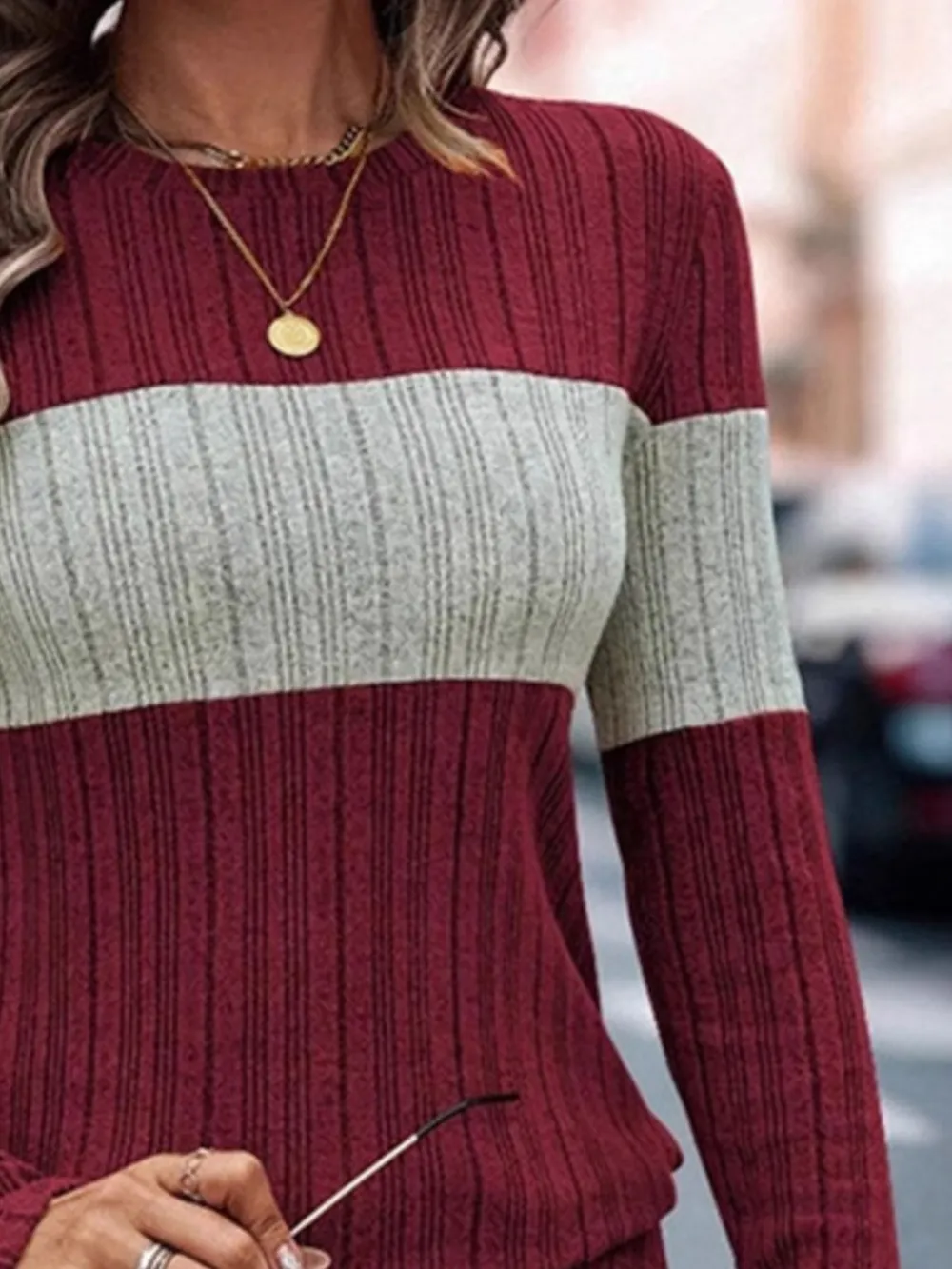 Color Block Round Neck Long Sleeve Sweater, image 9