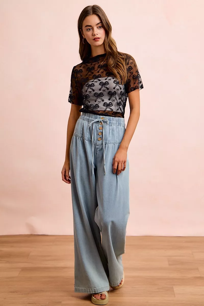High Neckline Short Sleeves Bow Pattern Mesh Top, image 10