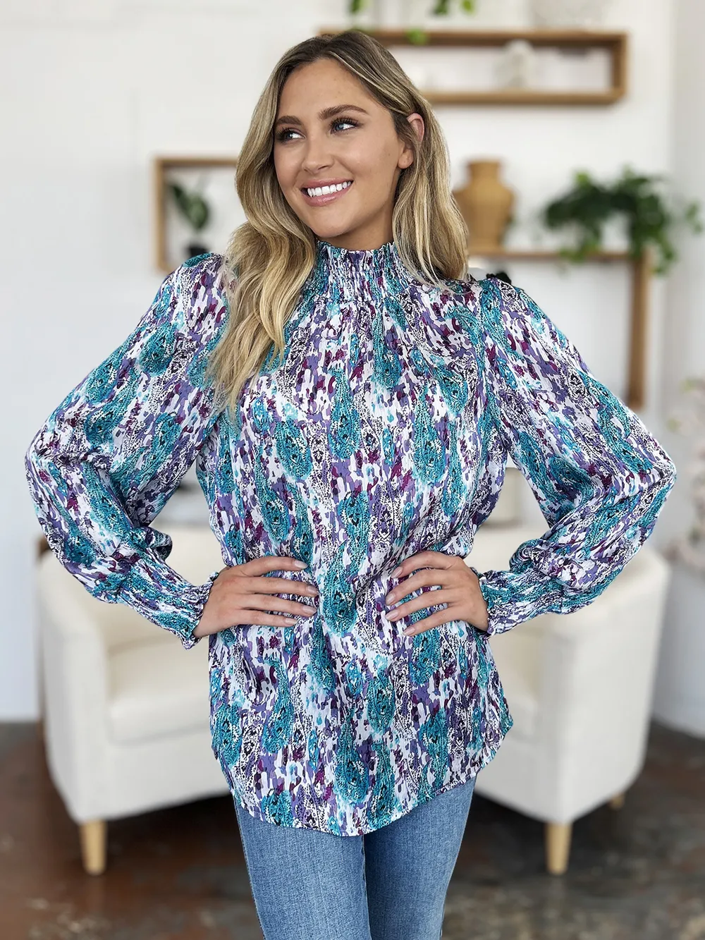 Full Size Printed Smocked Long Sleeve Blouse, image 11