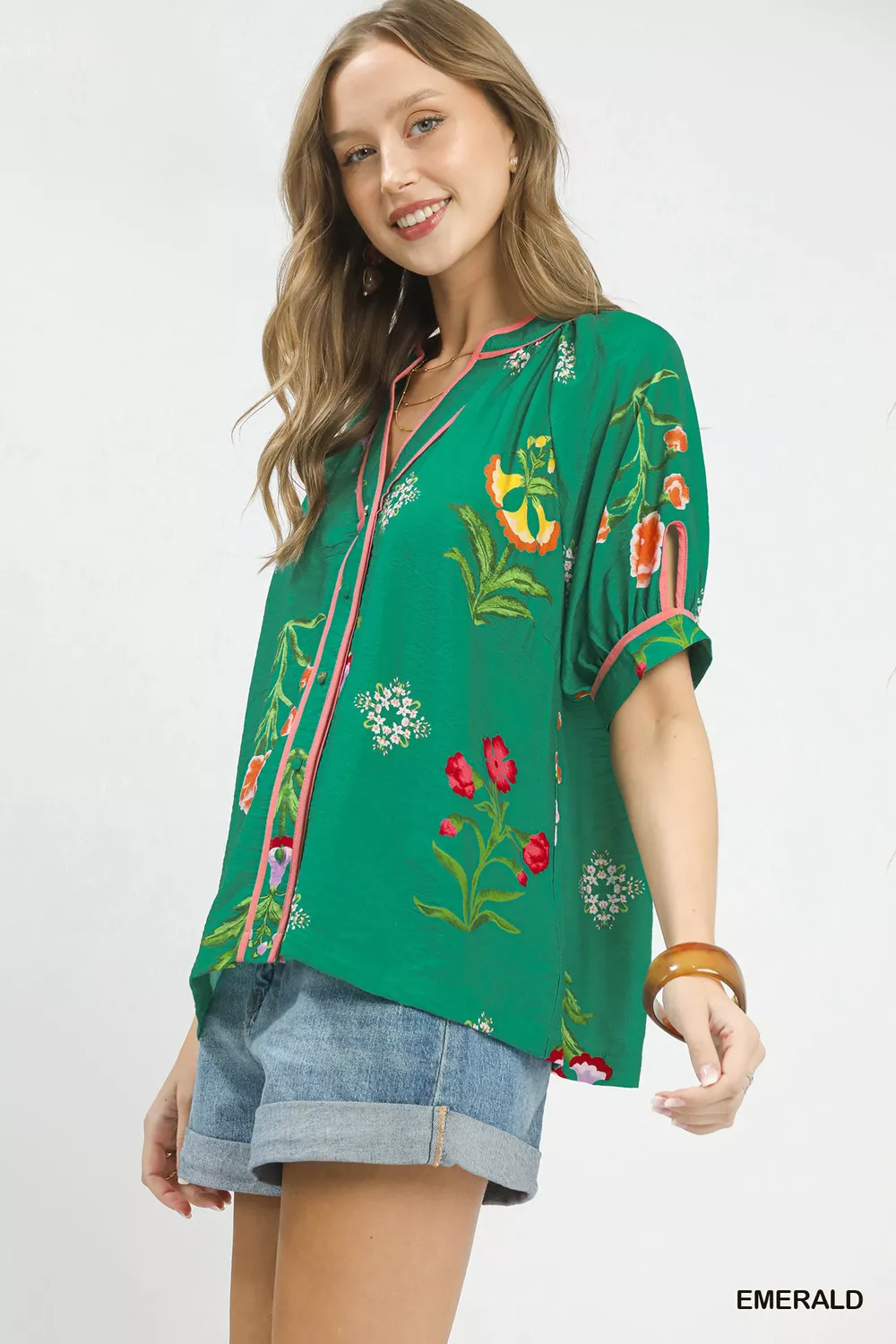Botanical Print Contrast Trim Button Blouse, image 4