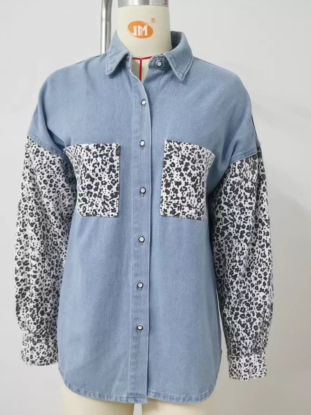 Leopard Patchwork Button Up Denim Shirt, image 4