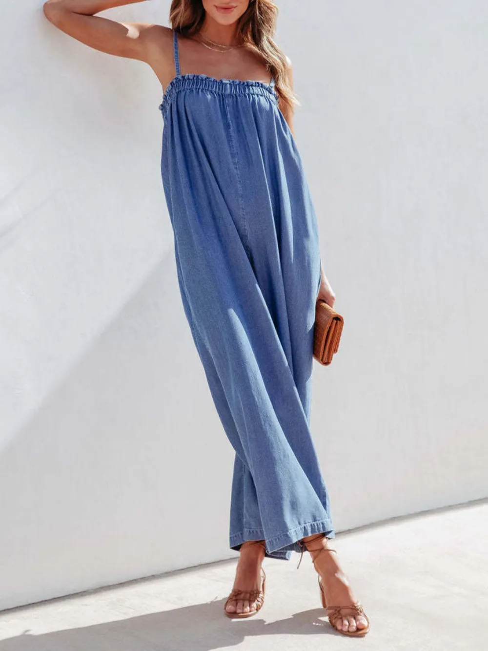 Spaghetti Strap Wide Leg Denim Jumpsuit, image 2