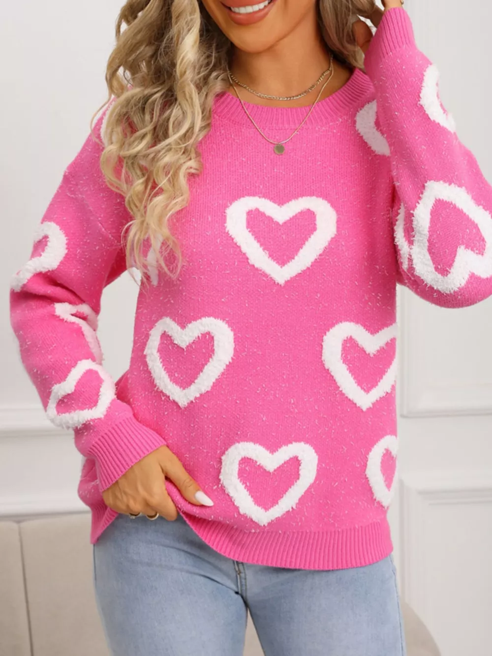 Valentine's Day Heart Pattern Round Neck Sweater, image 14