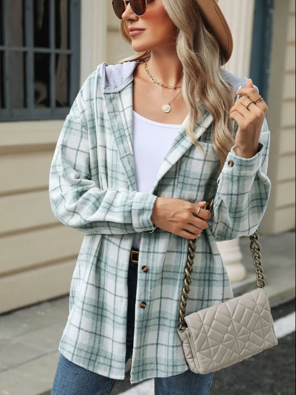 Drawstring Plaid Button Up Hooded Jacket, image 5