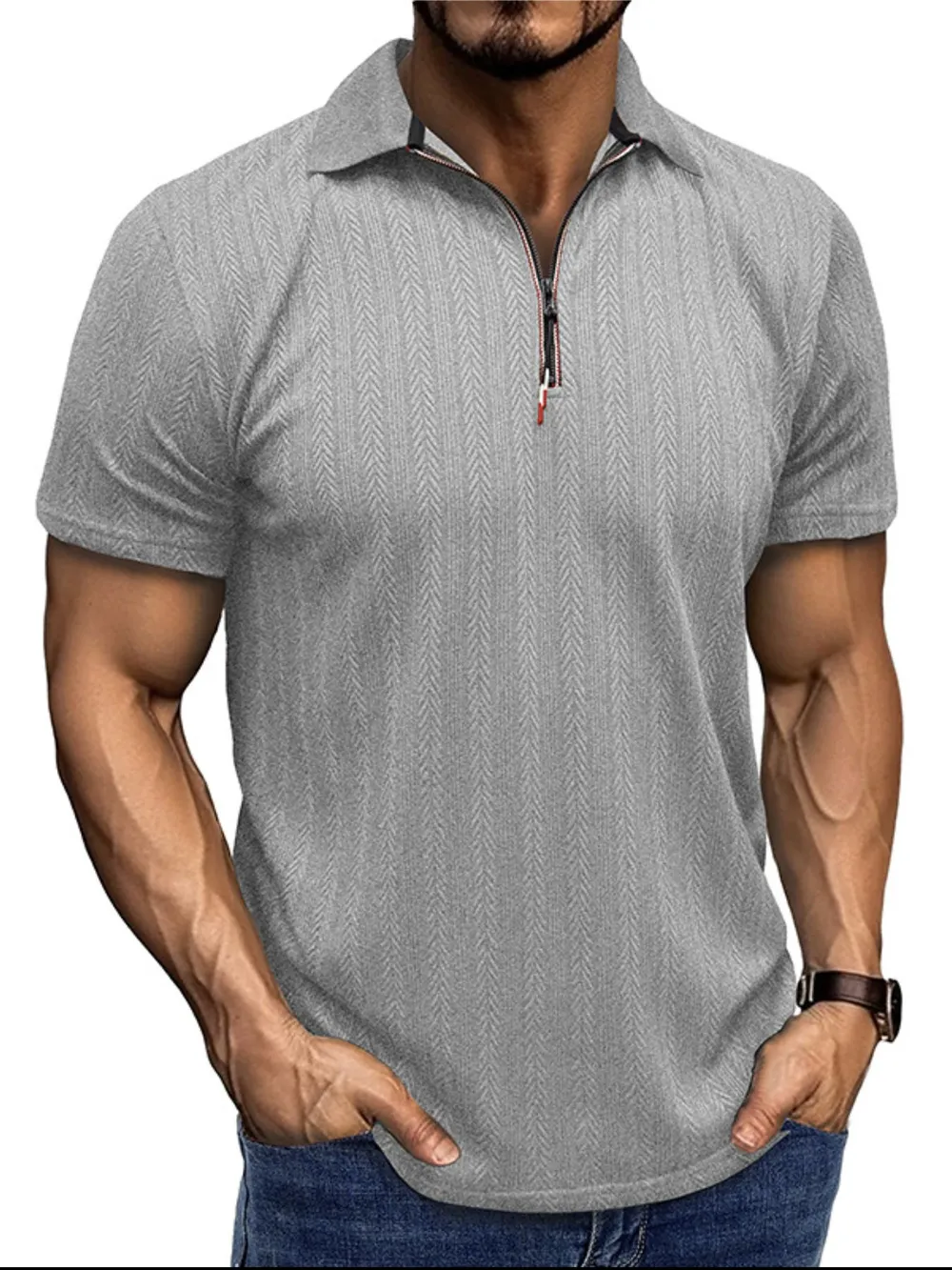 Men's Textured Quarter-Zip Polo Shirt, image 7