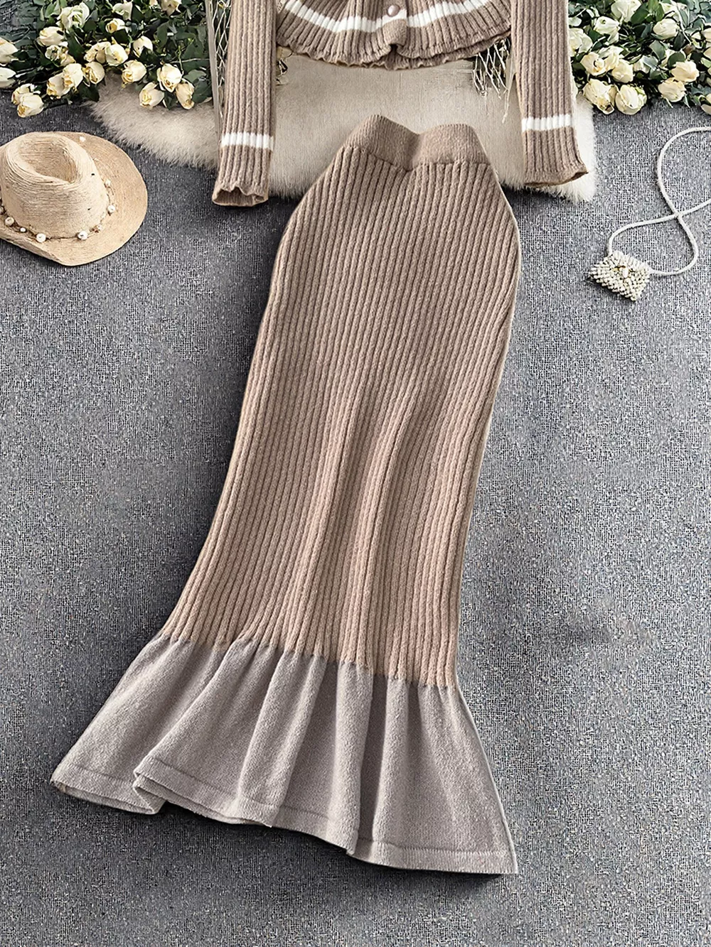 Ribbed Knit Cardigan and Skirt Sweater Set, image 3