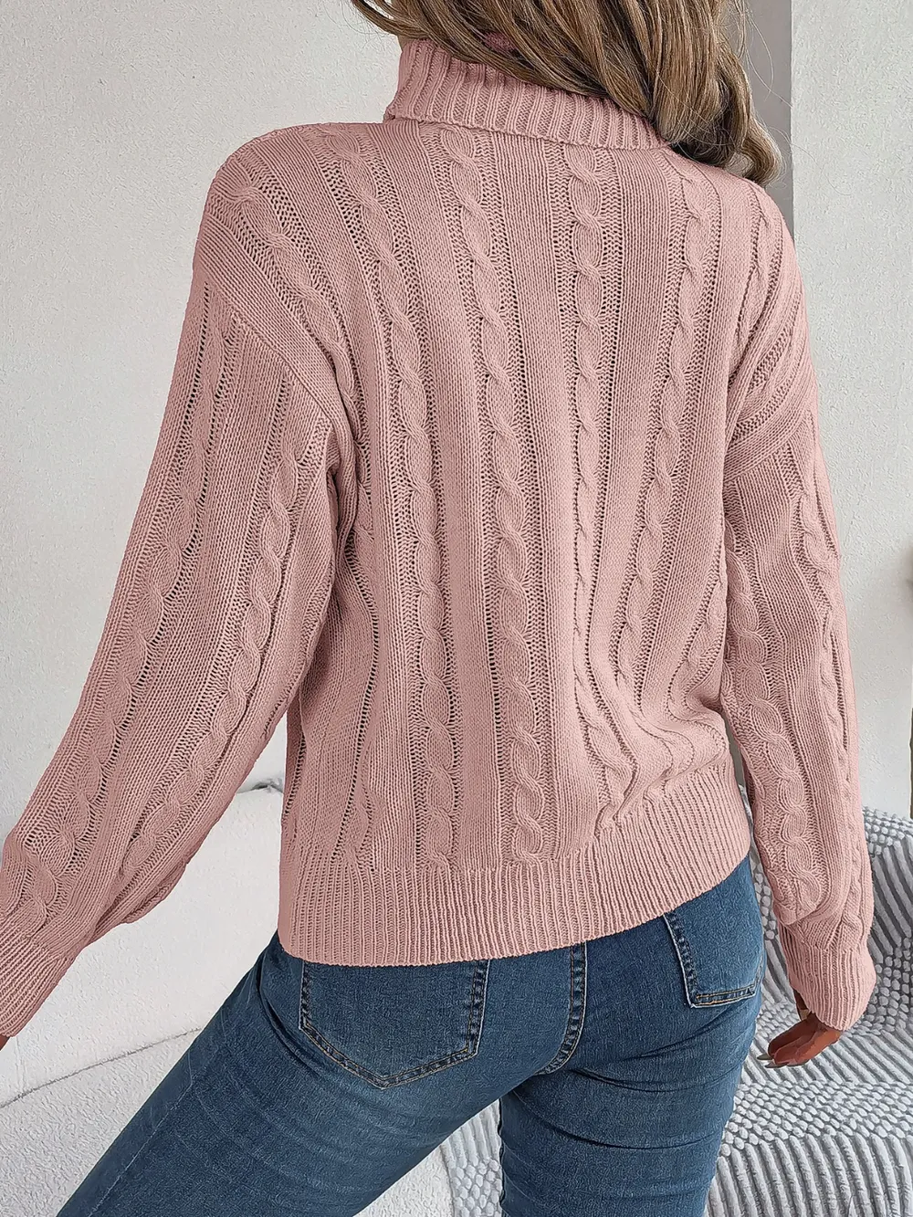 Cable-Knit Turtleneck Dropped Shoulder Sweater, image 5