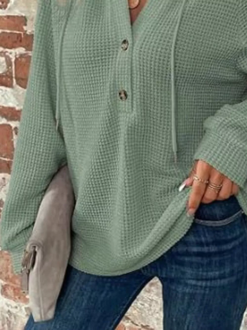 Waffle Knit Button Detail Hoodie, image 8