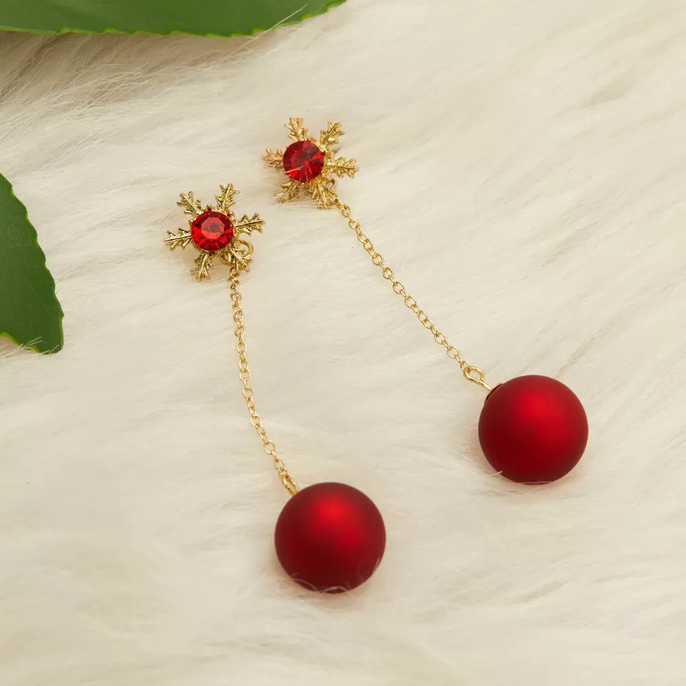 Snowflake Drop Earrings with Red Ball, image 3