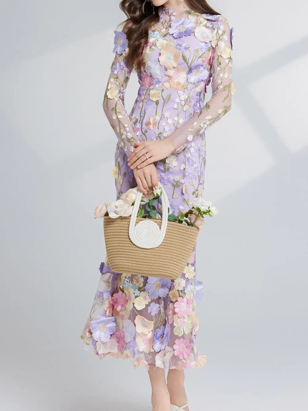 Floral Embroidered Mesh Long Sleeve Midi Dress, image 16