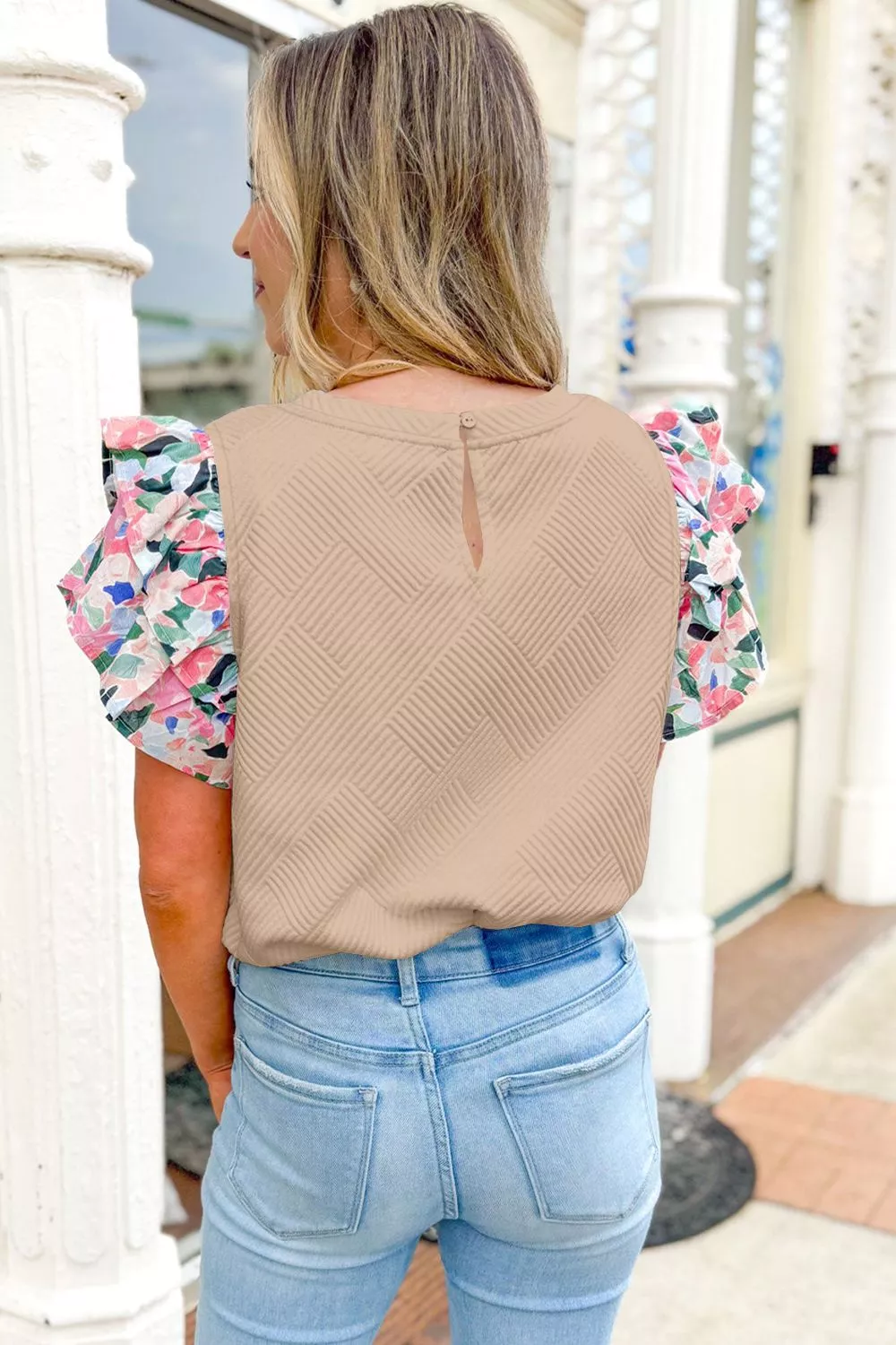 Textured Floral Ruffle Sleeve Blouse, image 2