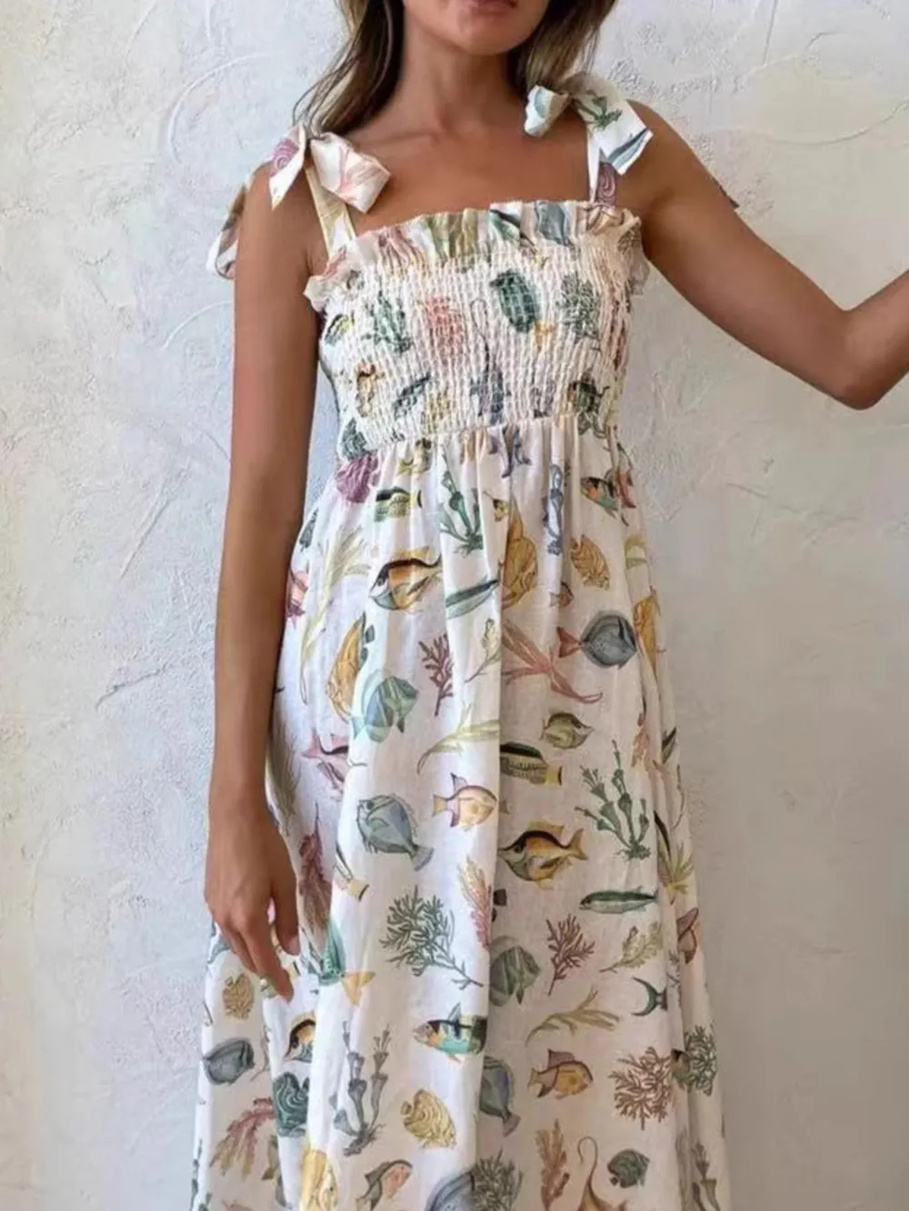 Floral Tie Shoulder Smocked Bodice Summer Dress, image 3