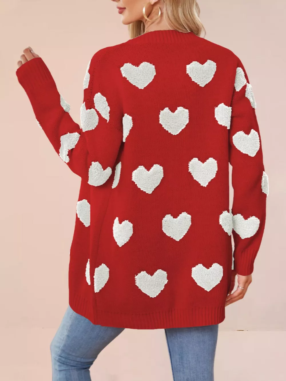 Heart Pattern V-Neck Button-Down Knit Cardigan, image 3
