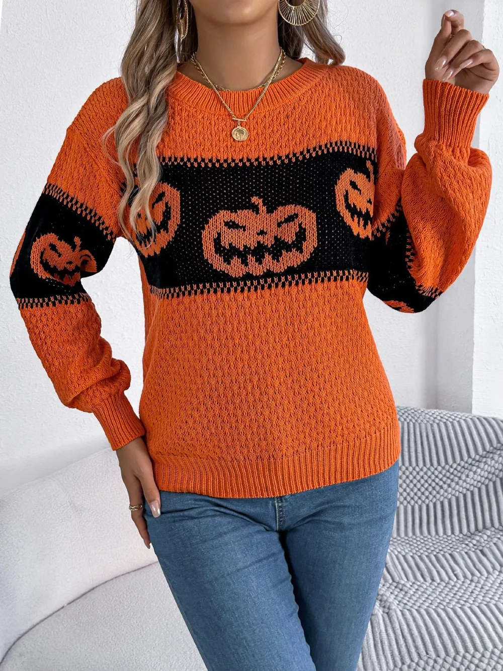 Pumpkin Round Neck Long Sleeve Sweater, image 5