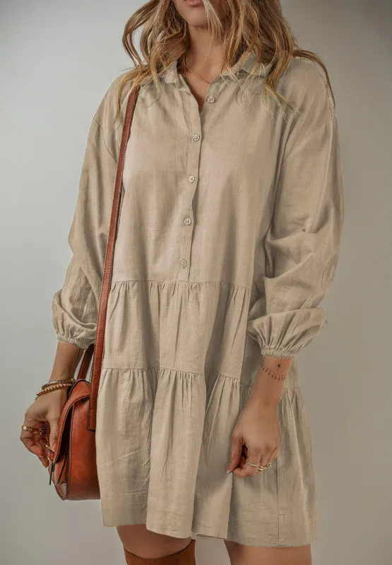 Tiered Collared Neck Balloon Sleeve Shirt Dress, image 18