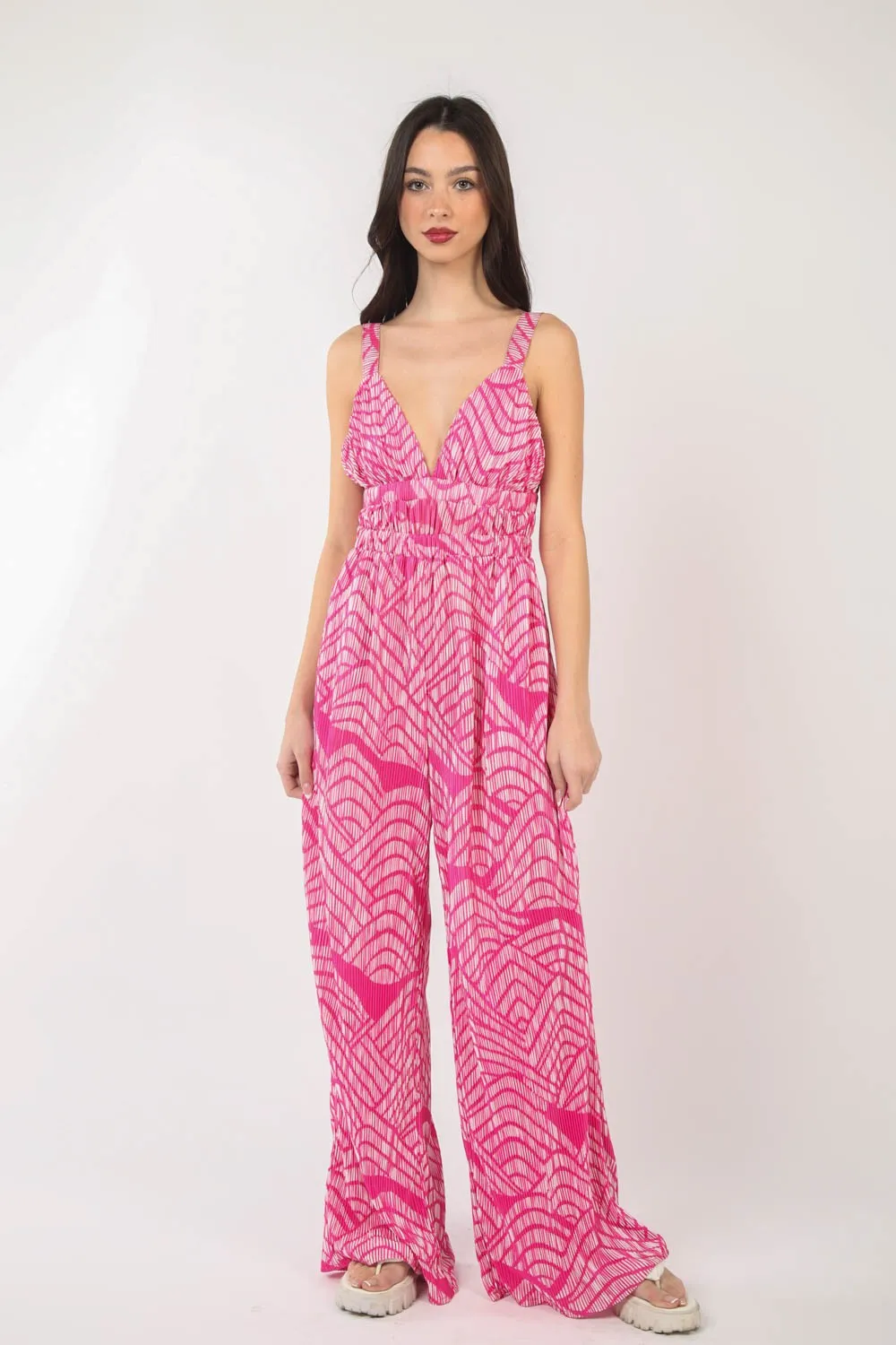 Printed Pleated Sleeveless Wide Leg Jumpsuit, image 3