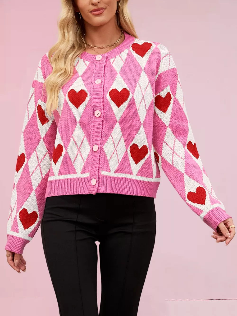 Heart Pattern Button-Up Cardigan, image 5