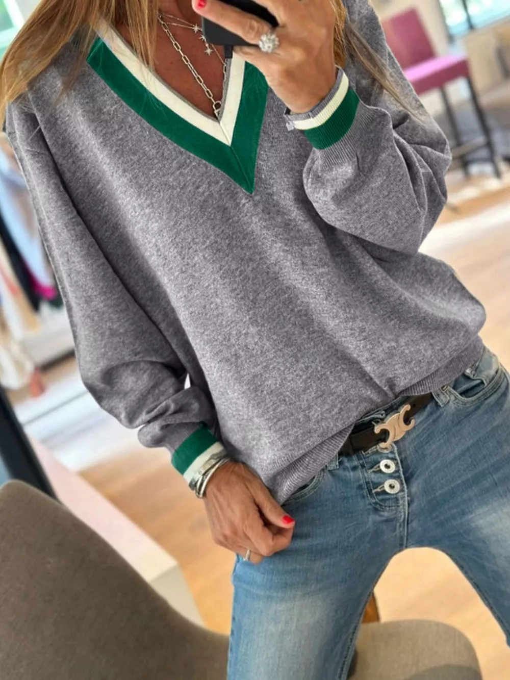V-Neck Striped Trim Long Sleeve Sweater, image 5