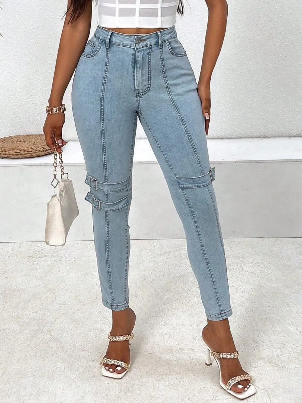 Decorative Buckle Skinny Jeans with Pockets, image 5