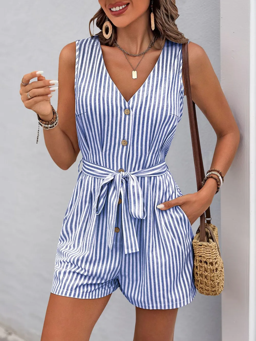 Striped V-Neck Tie Waist Romper, image 17