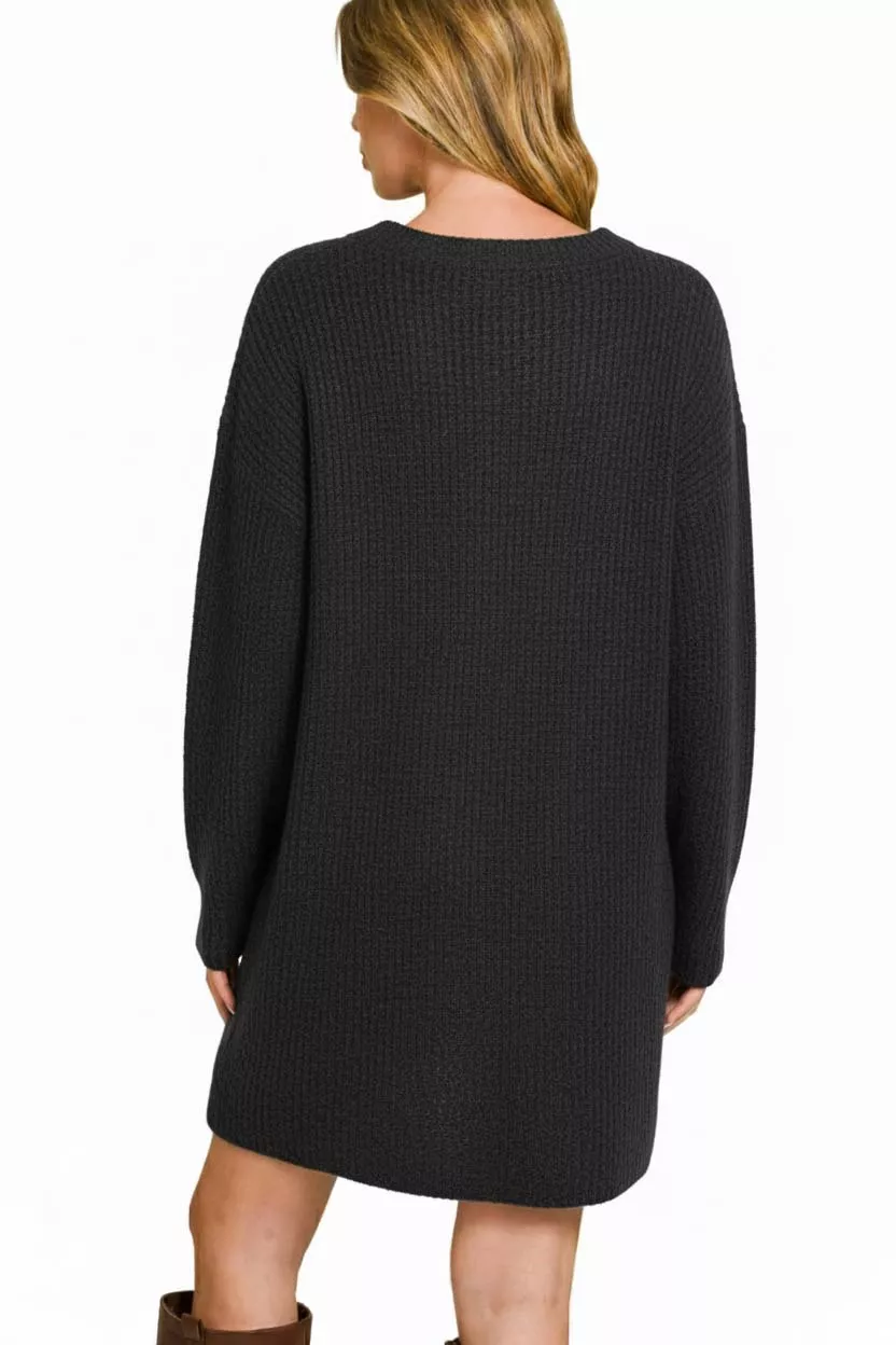 V-Neck Long Sleeve Ribbed Sweater Dress, image 3