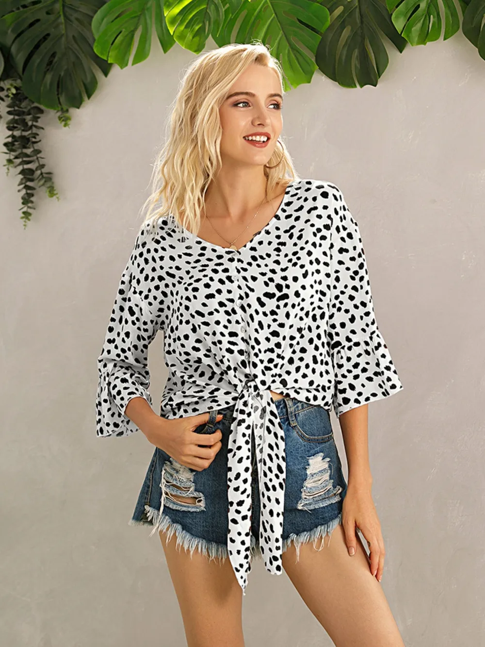 Tied Printed Button Up V-Neck Blouse, image 7
