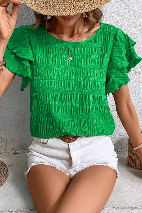 Textured Ruffled Sleeve Round Neck Top, image 5