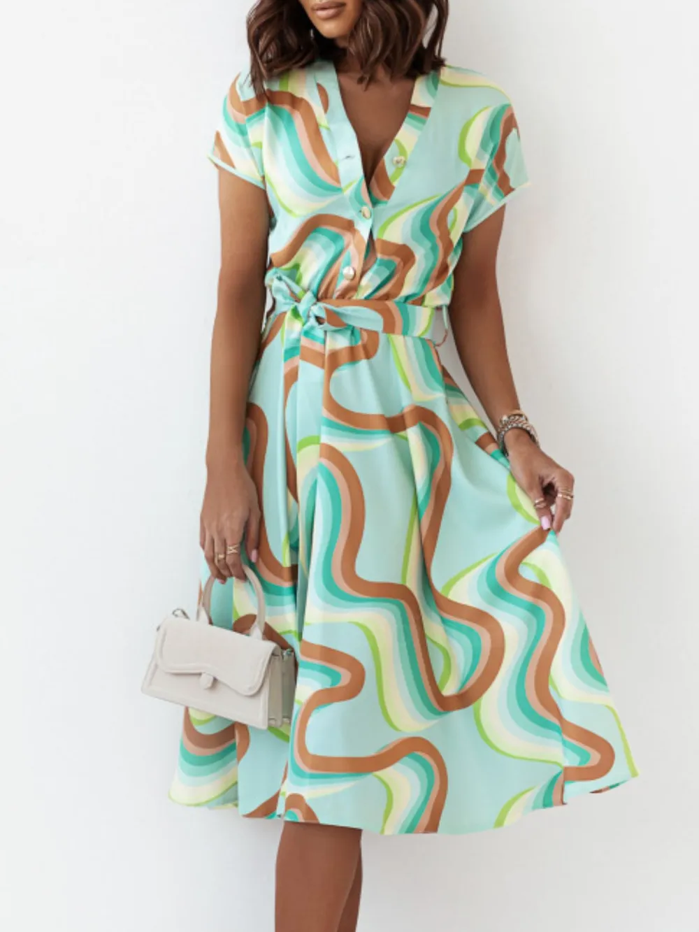 Printed Button Front Midi Dress with Belt, image 5