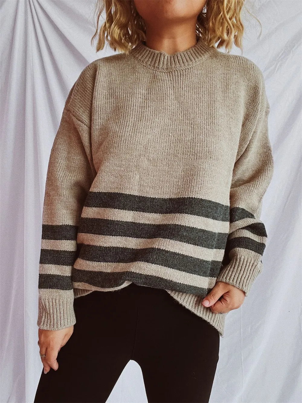 Striped Dropped Shoulder Long Sleeve Sweater, image 2