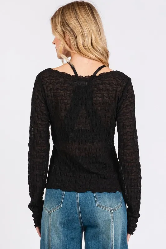 Lettuce Hem Boat Neck Long Sleeve Blouse, image 4