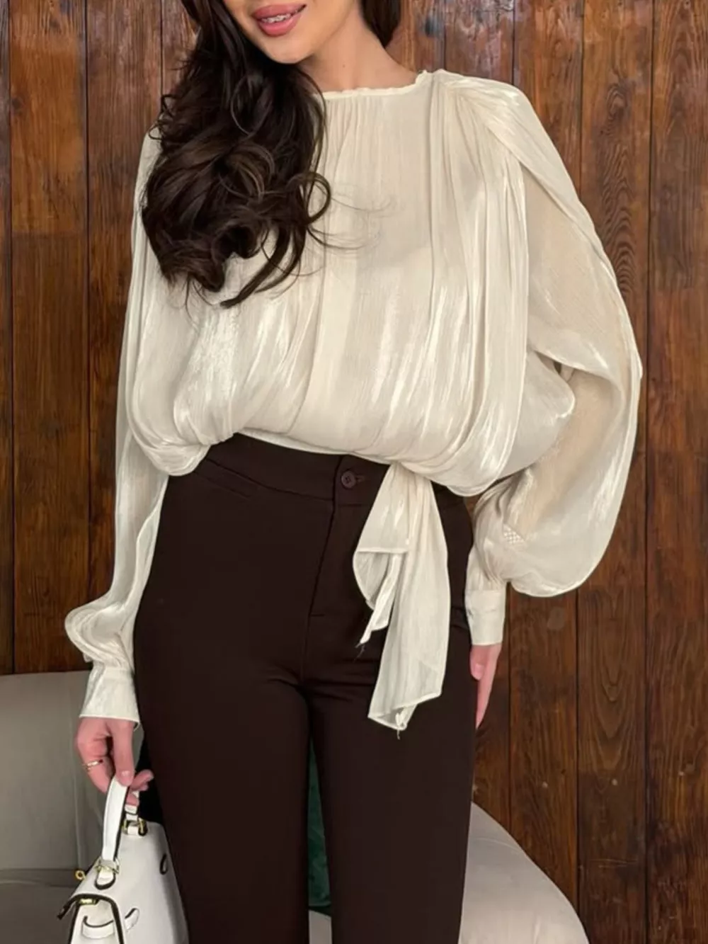 Tie-Front Detail Long Sleeve Blosue, image 6