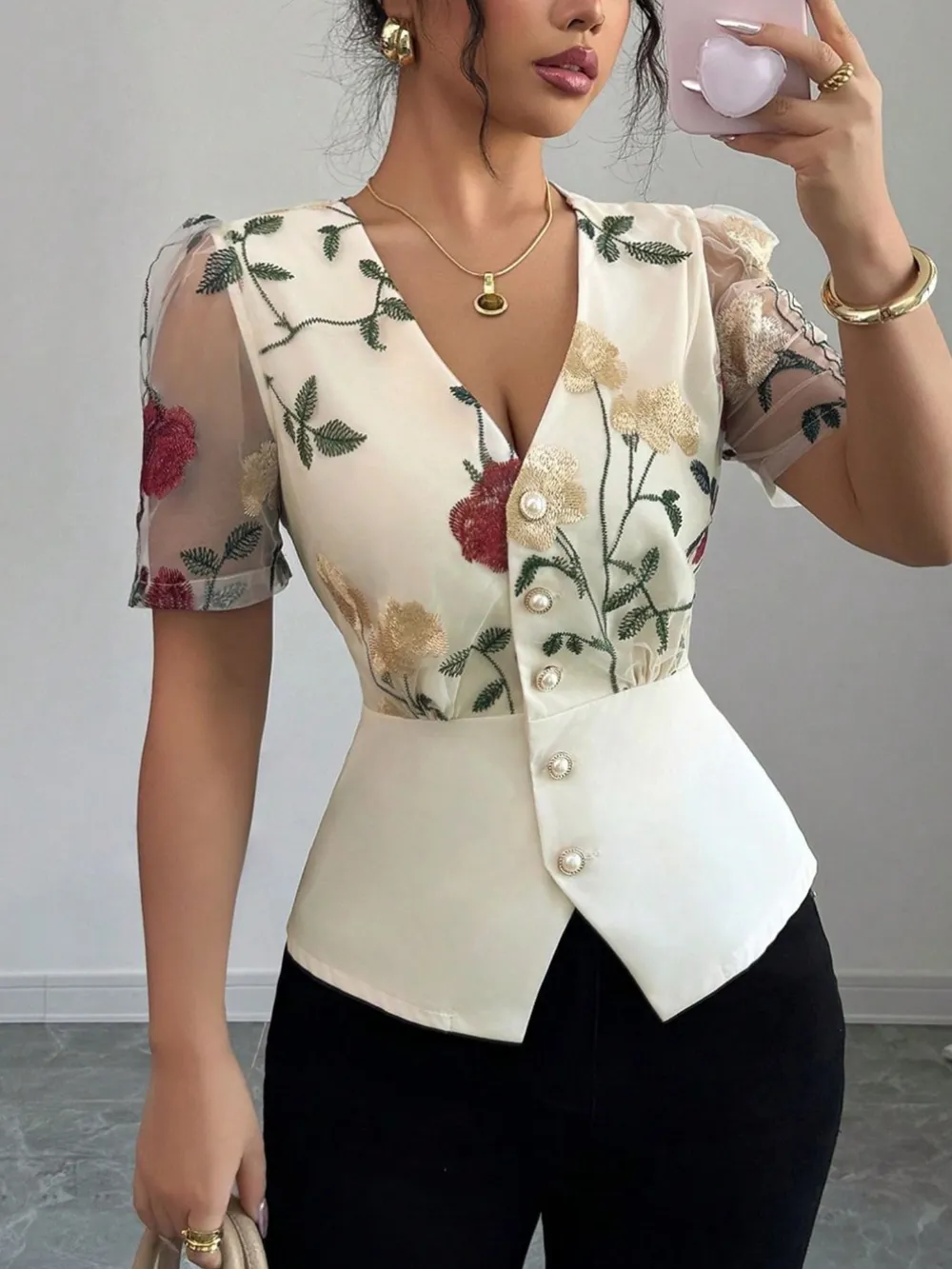 Floral Print V-Neck Button-Up Shirt, image 4
