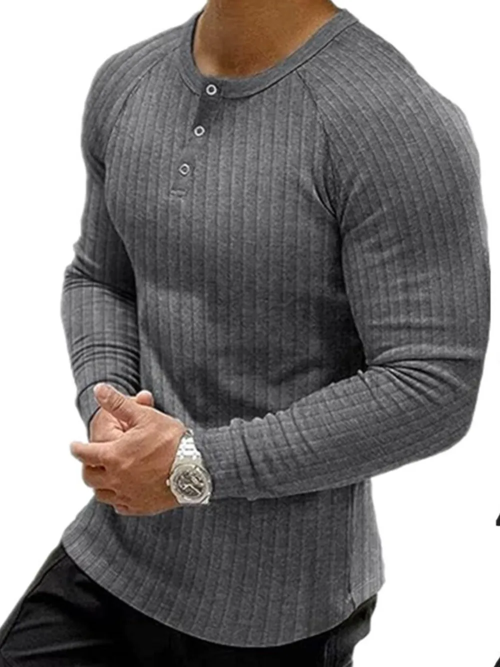 Men's Full Size Ribbed Round Neck Long Sleeve T-Shirt Plus Size, image 3