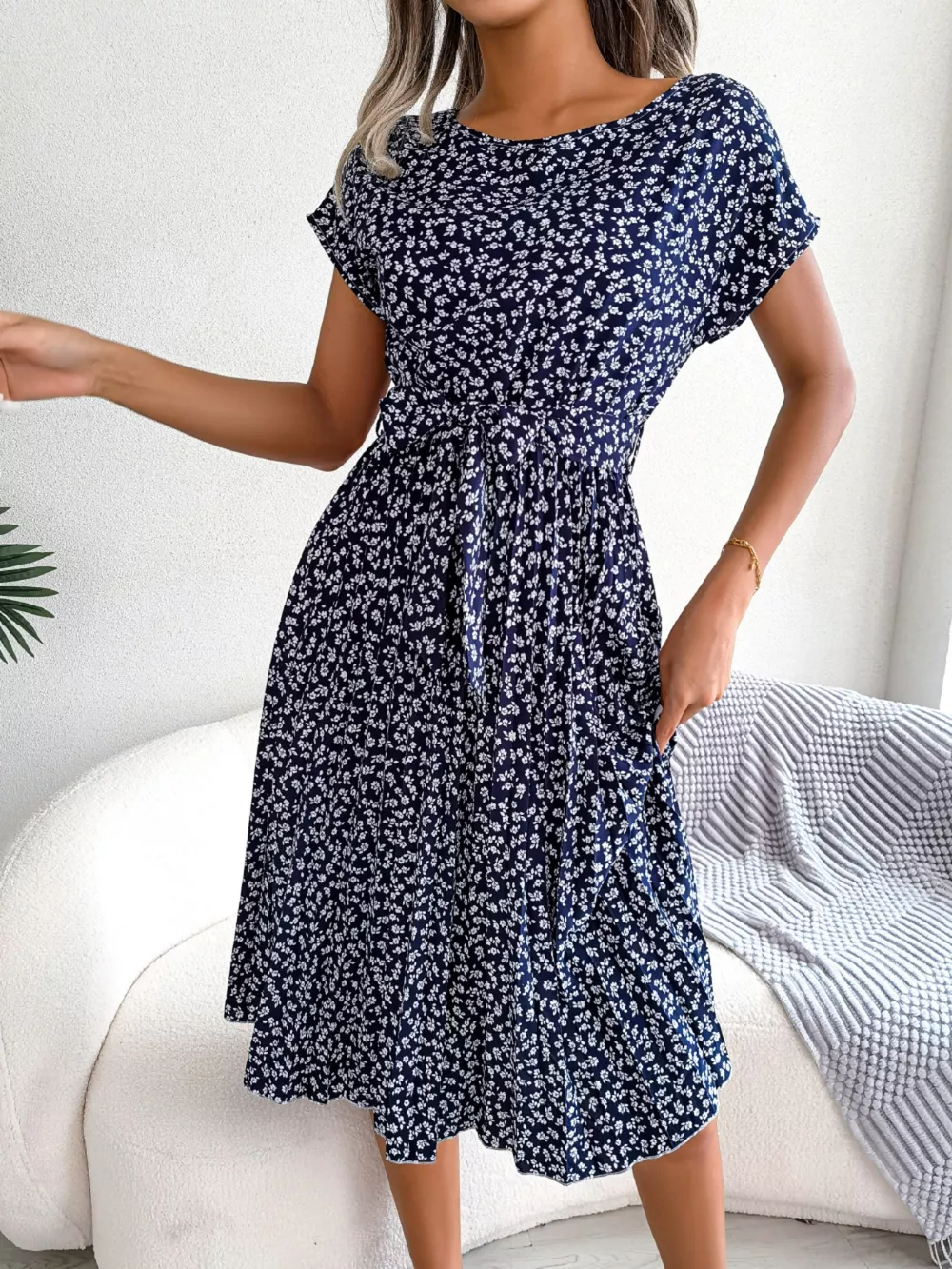 Floral Print Pleated Midi Dress with Belt, image 6