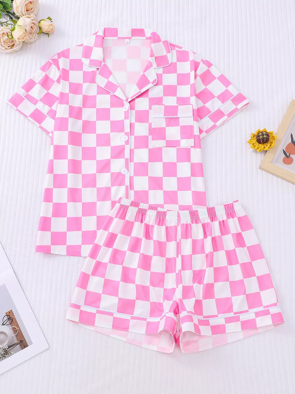 Checkered Print Button Up Top and Shorts Lounge Set, image 4