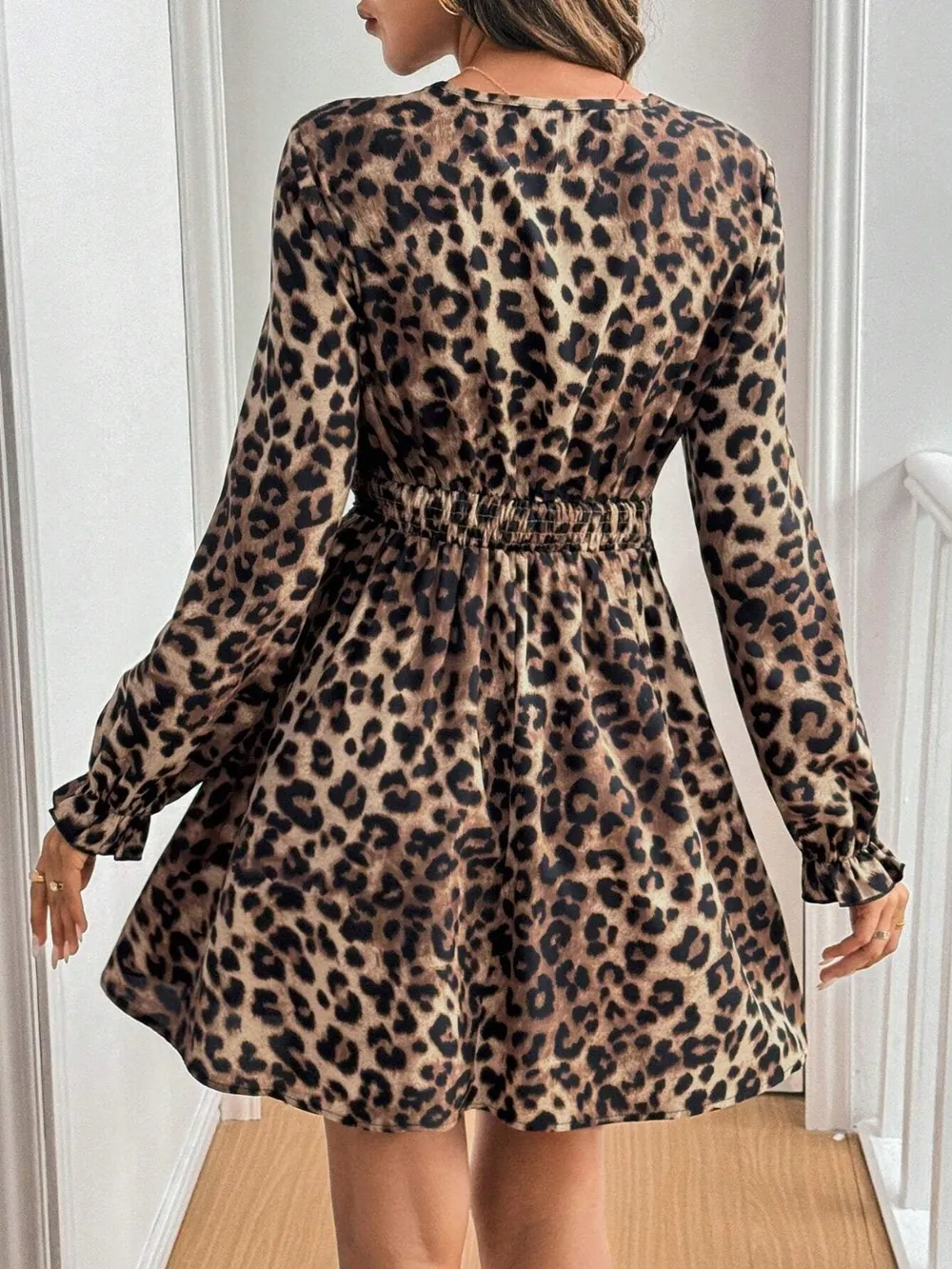 Lace Detail Leopard Flounce Sleeve Mini Dress, image 3