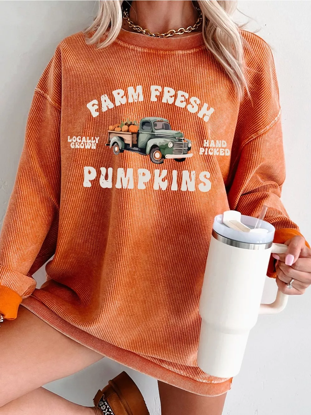 Corded Ribbed Farm Fresh Pumpkins Graphic Sweatshirt, image 2